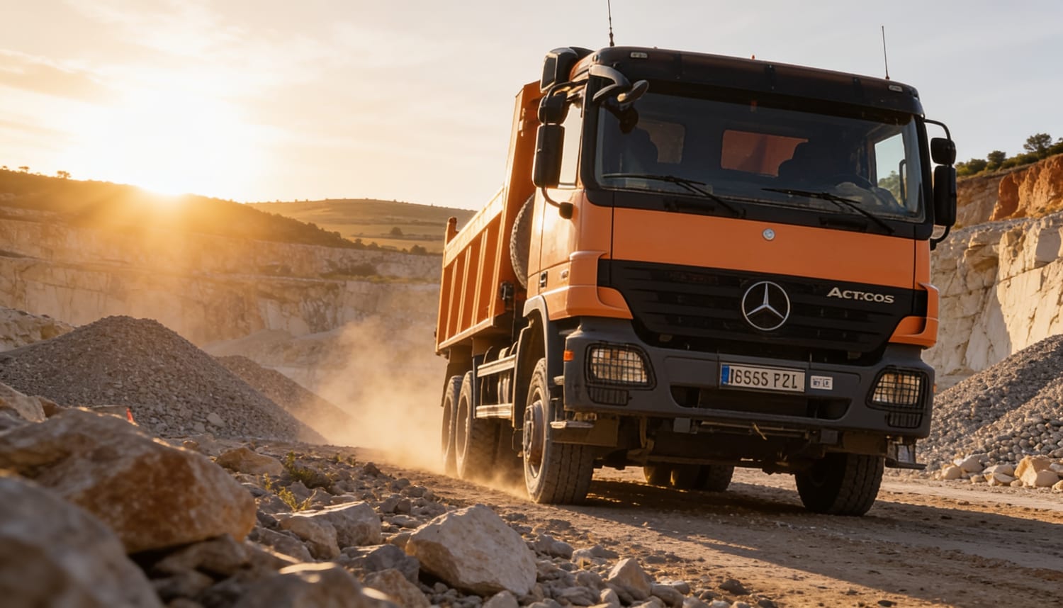 Mercedes Actros 3341 naranja de bañera basculante en cantera de Burgos