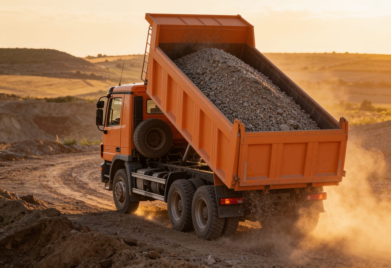 Camión bañera Actros descargando áridos y grava en obra